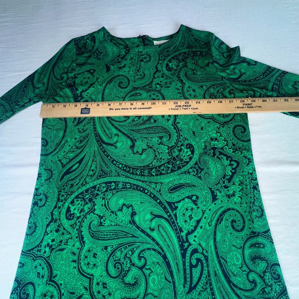 Michael Kors Jersey Shift Dress Green & Paisley Pattern Long Sleeve Sheath Med